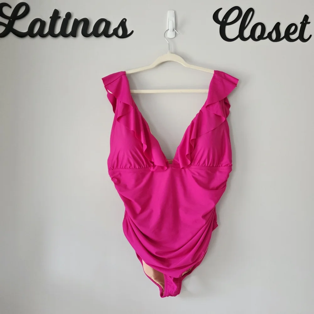 NWT J.Crew Ruched Ruffle One-Piece Swimsuit Radiant Fuchsia Size Plus 22